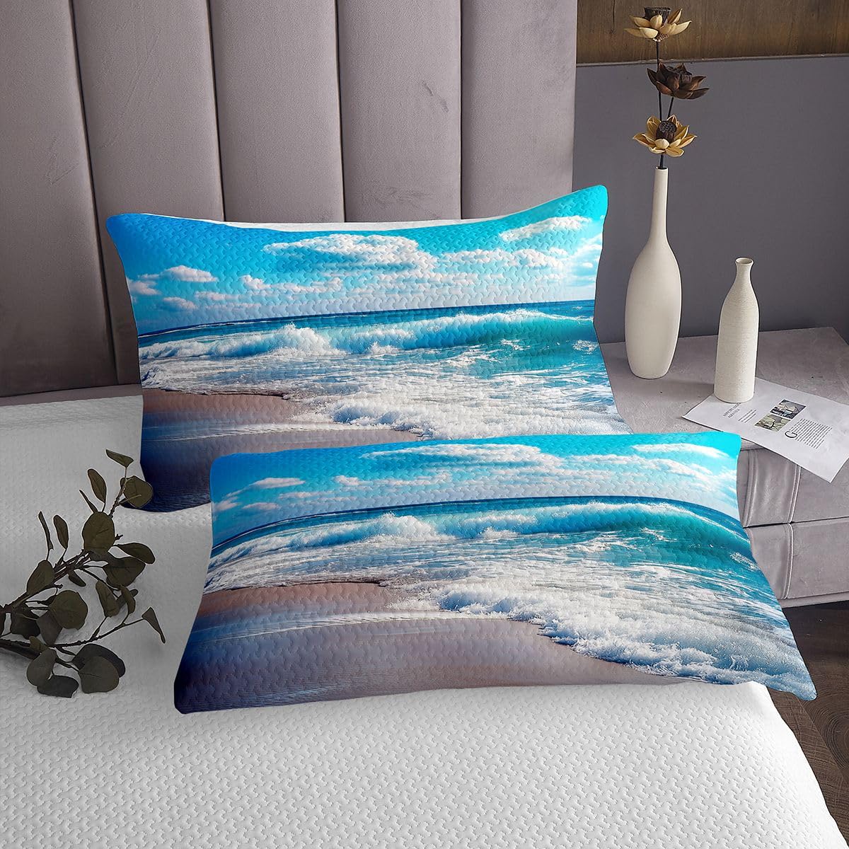 jejeloiu Beach Bedspread Queen Size Ocean Sea Coverlet Set Blue Coastal Summer Quilted Coverlet for All Season with 2 Pillowcases Microfiber Lightweight