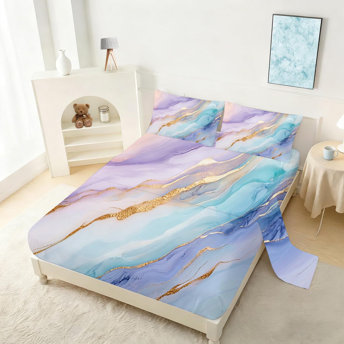 VTKON Pastel Marble Sheets Sets Twin Size Elegant Marbling Fitted Sheet Set Colorful Bed Sheet for Kids Teens Adults Modern Bedspread 1 Fitted Sheet+1 Flat Sheet+1 Pillowcase