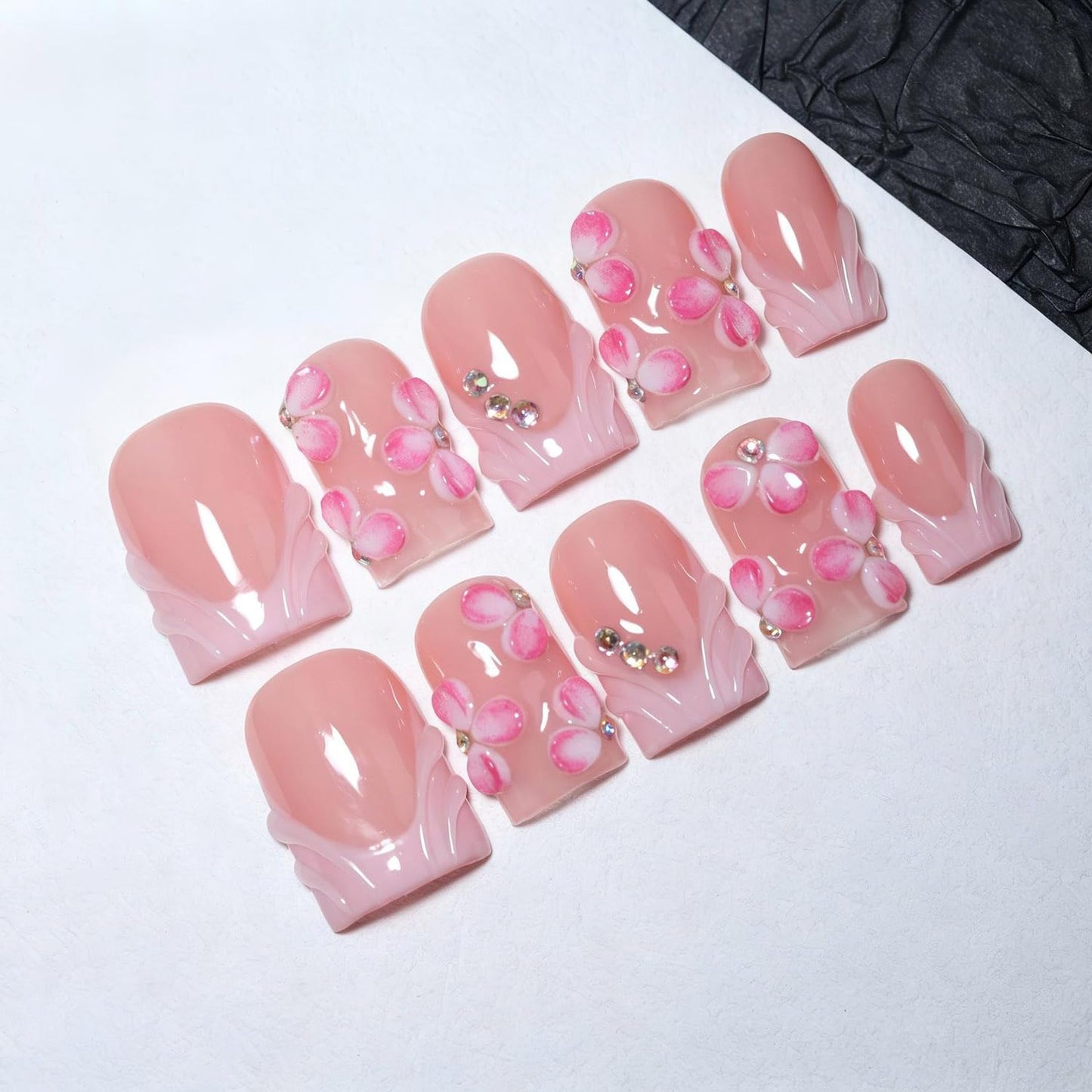 EasierGlow 10Pcs Handmade Short Square Press On Nails | Easy Apply & Remove, Reusable Salon Quality Nails | Pink Press Ons with 3D Ombre Flowers, Crystal Accents & Wave French Tips (Y214, S)