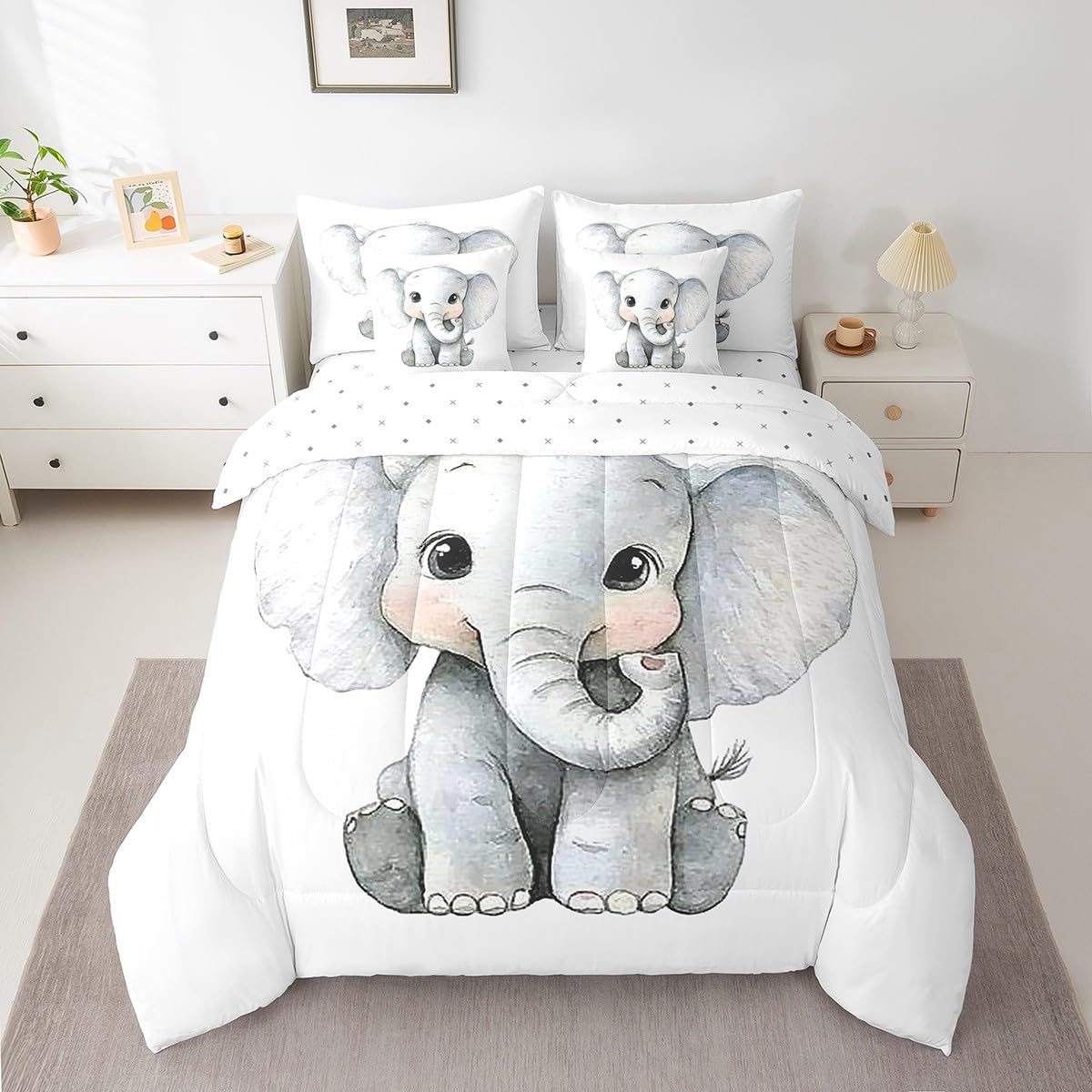 Erosebridal Kawaii Elephant Twin Size Comforter Set with Sheets Kids | African Jungle Animal 7-Piece Bedding Set Tropical Forest Wildlife Pattern Bed in a Bag Cartoon Wild Safari Animal Bed Quilt Sets
