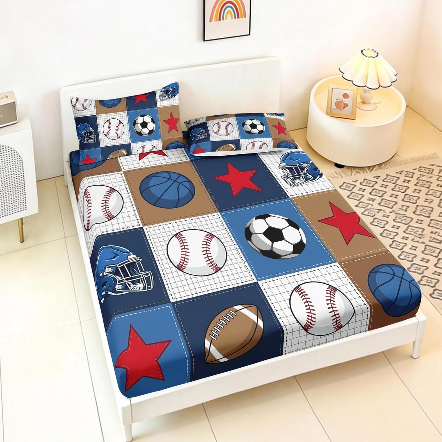 HOSIMA Ball Fitted Sheet Queen for Kids,Various Balls Pattern Sports Bedding for Teens Boys Room Decor,Lightweight Plaid Patchwork Bedding,1 Fitted Sheet+2 Pillowcases.