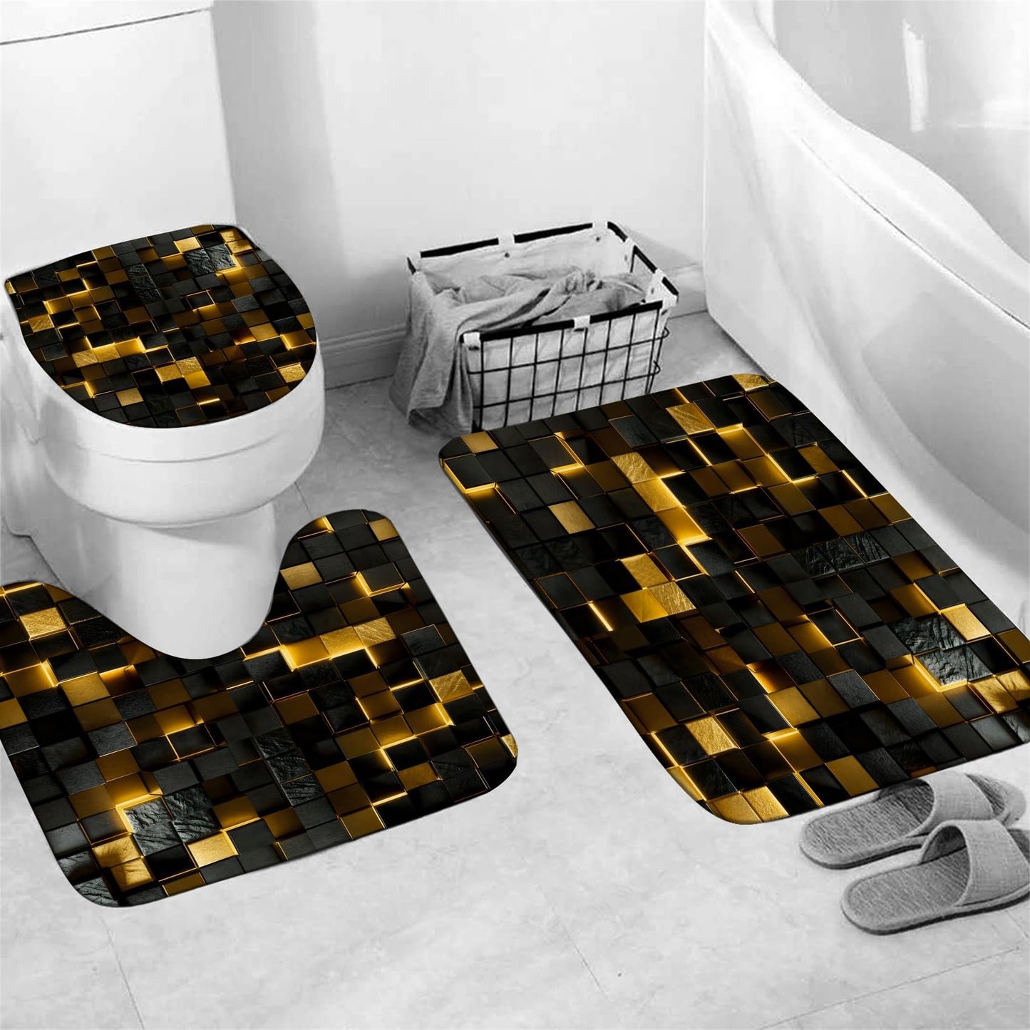 LQCOOL 4Pcs Black and Gold Shower Curtain Set 3D Cubes Bathroom Sets Modern Shower Curtain Set for Bathroom Sets with Rugs and 12 Hooks