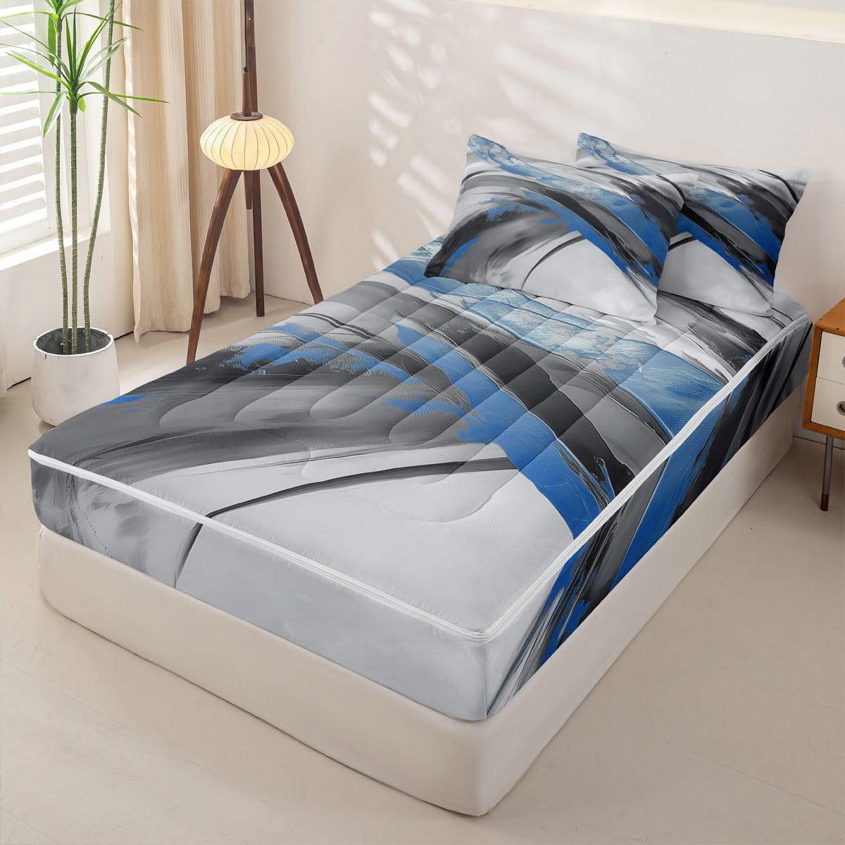 jejeloiu Blue Black Grey Abstract Zipper Bedding Twin Modern Art Bedding Sets for Kids Boys Girls Abstract Art Comforter Set with Fitted Sheet 2 Pillowcases Luxury One Zipper Bed Set for All Seasons