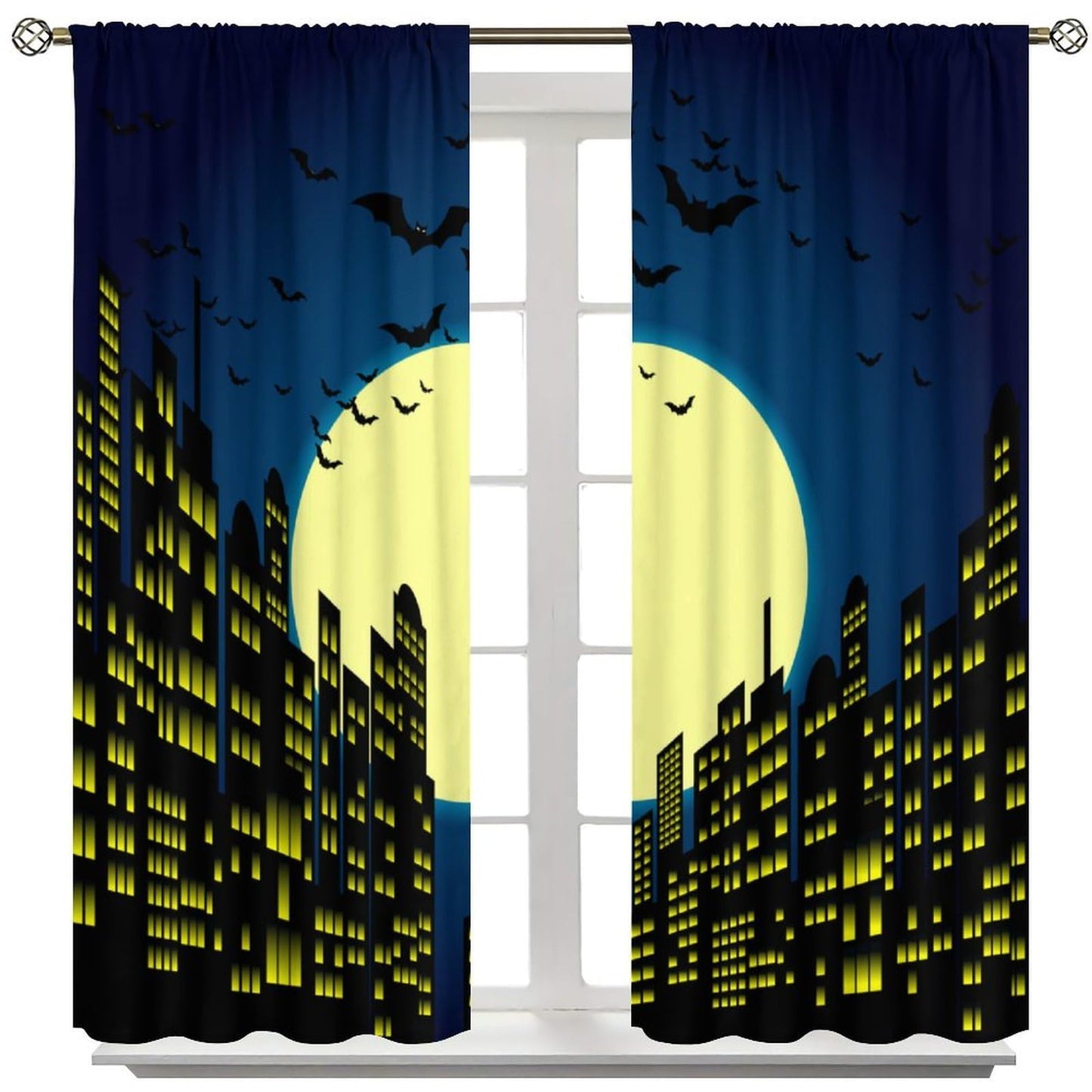 Djaby City Heroes Curtains, Night Bat Heroes Moon Cartoon City Window Treatments for Living Room Kids Boys Bedroom Home 42" W X 45" L(No Blackout)