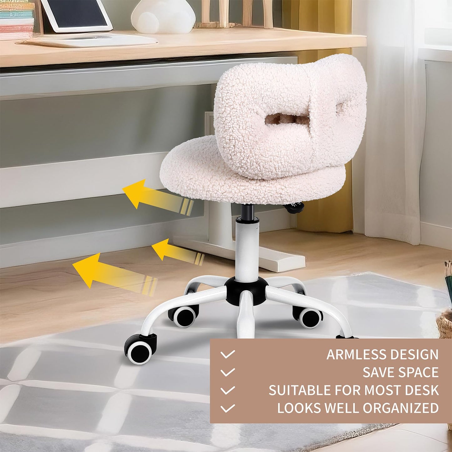 Ermnois Kids' Desk Chair with Bow Design, Cute Upholstered Swivel Chair with Wheels and Adjustable Height, Small Comfy Armless Chairs for Girls/Children (Cream)