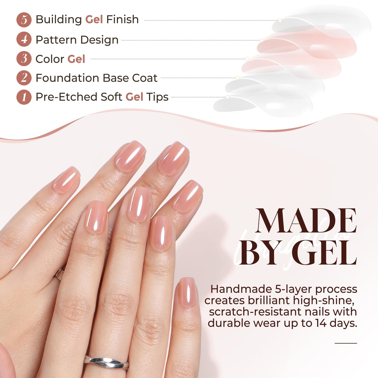 UNA GELLA Chrome Nude Press On Nails: Short Square Soft Gel Press Ons Kit with Nail Tips Glue on Nails, 16 Sizes - 32 Reusable Chrome Holographic Fake Nails Kit, Nude Pink