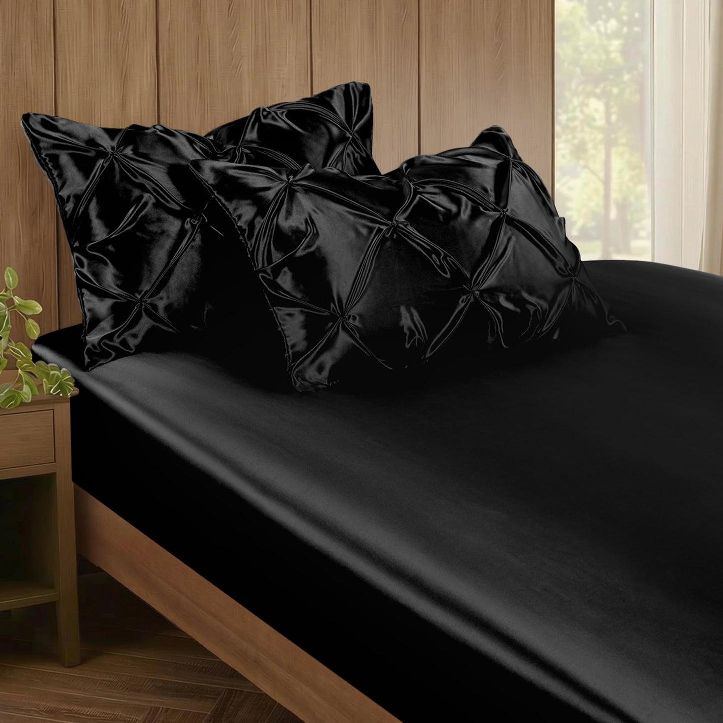 P Pothuiny 3-Piece Set Pintuck Satin Pillowcases & Twin Fitted Sheet, Black Satin Sheet Silky Soft Luxury Romantic Pinch Pleated Bedding Bedroom Dorm Decor, 15 Inch Deep Pocket