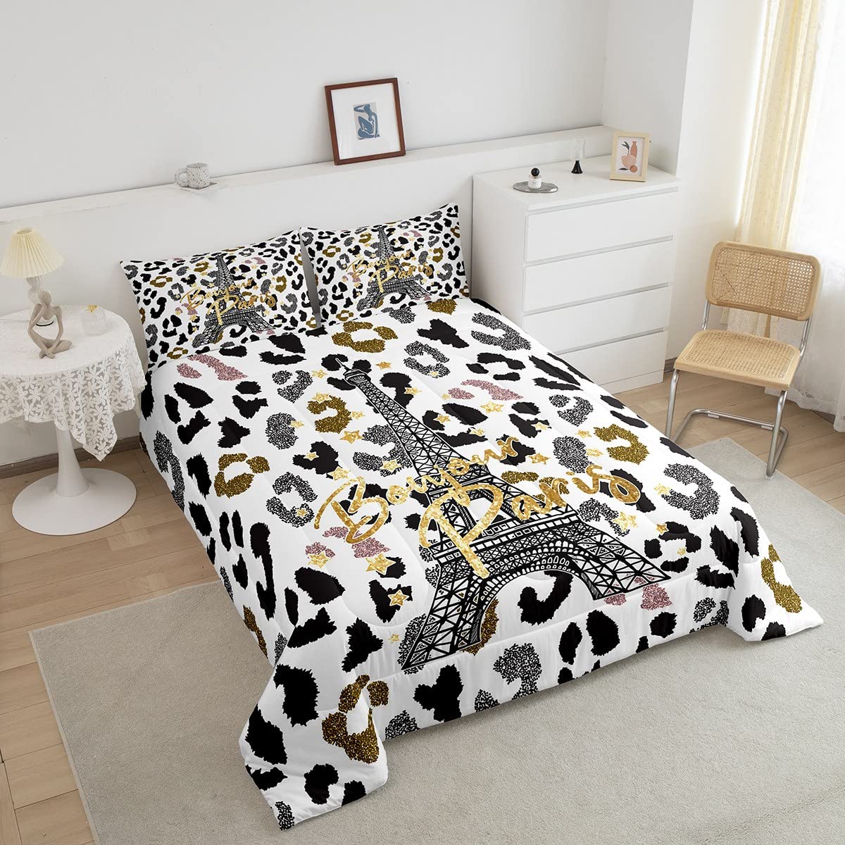 Feelyou Eiffel Tower Comforter Set Leopard Print Bedding Set for Kids Boys Girls Paris Tower Comforter Cheetah Print Quilt Set 1 Comforter Set with 2 Pillowcases Queen Size