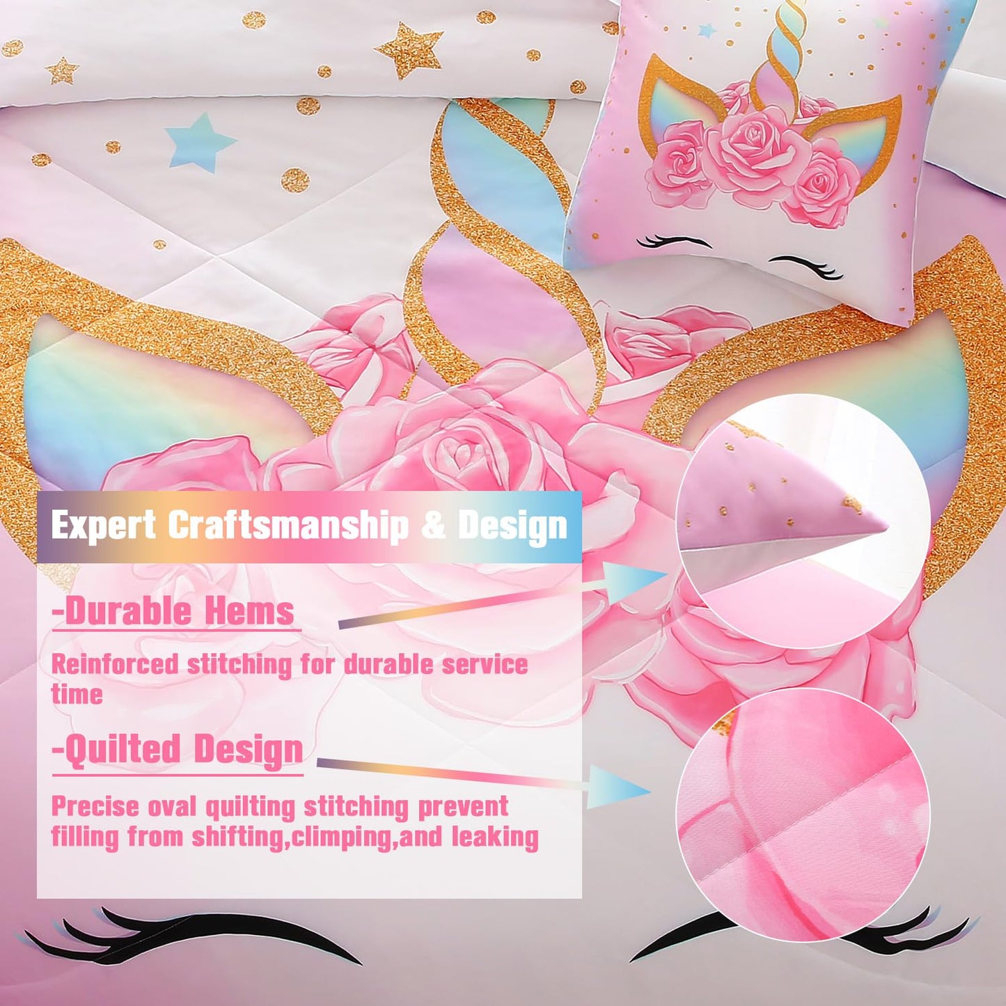 Keyroal 6Pcs Twin Comforter Set with Sheet,Unicorn Flower Bedding Set for Kids,Pink Rainbow Bed in a Bag Bedding for Girls-Smile Unicorn