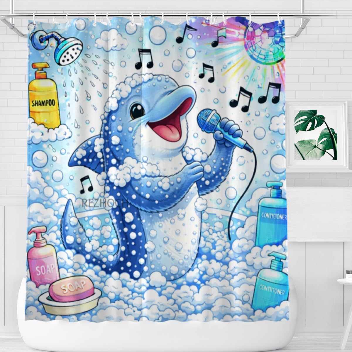 REZHOCH Funny Singing Dolphin Shower Curtain 72x72 Inch,Cute Cartoon Animal Home Bathroom Decor,Humour Colorful Music Bubble Microphone Bath Set Waterproof Fabric with Hooks