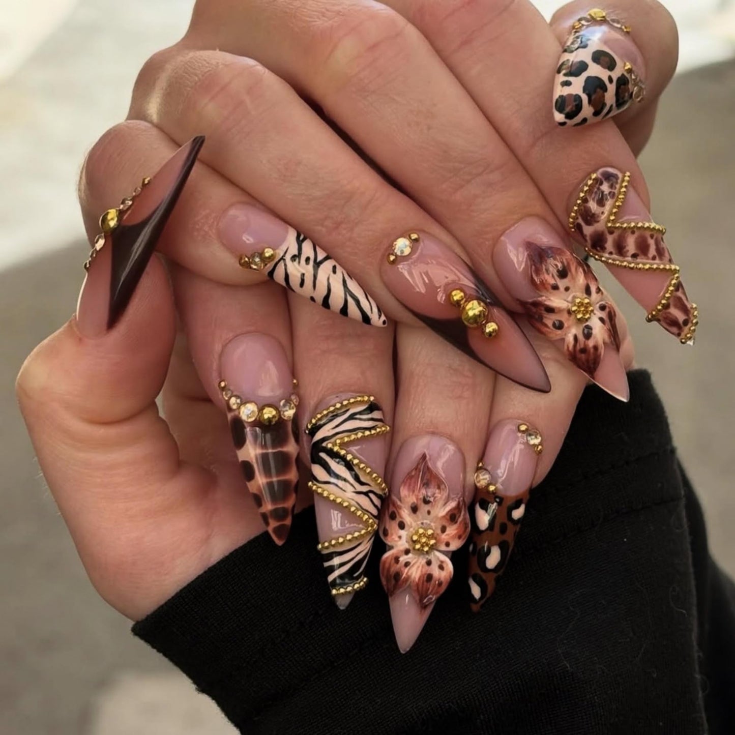 Long Press on Nails Almond Fake Nails Brown Acrylic Nail Press ons SEENEEY 3D Flowers and Gold Charm Designs Leopard Stick on Nail for Women 24pcs