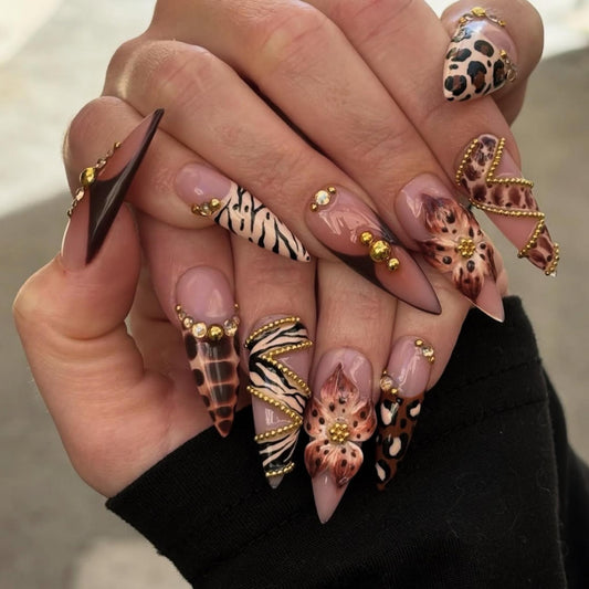 Long Press on Nails Almond Fake Nails Brown Acrylic Nail Press ons SEENEEY 3D Flowers and Gold Charm Designs Leopard Stick on Nail for Women 24pcs