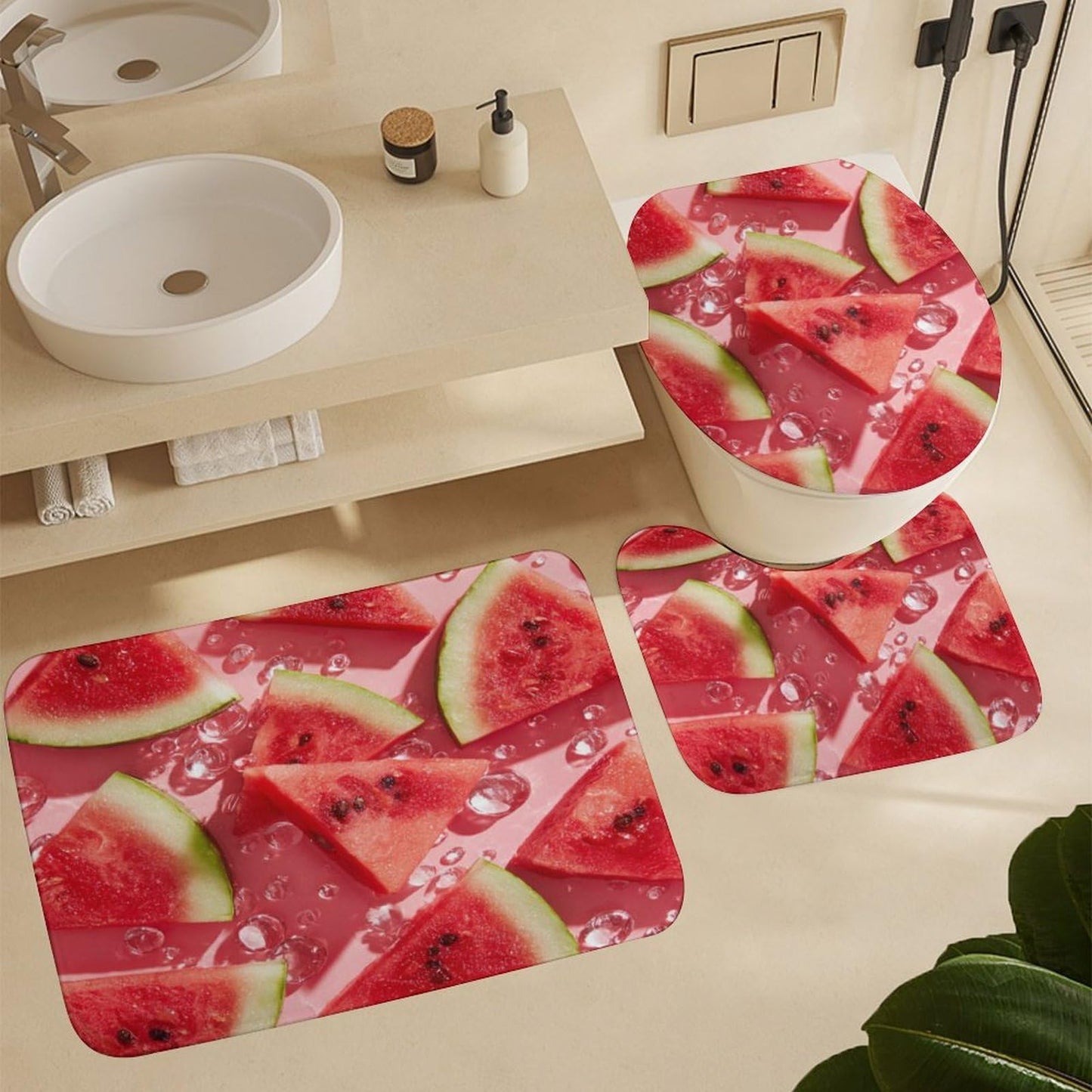 INSFBRB Modern Realistic Watermelon Shower Curtain Sets with Rug,Toilet Lid Cover and Bath Mat,Colorful Rustic Summer Fruit Watermelon 4 Piece Bathroom Set