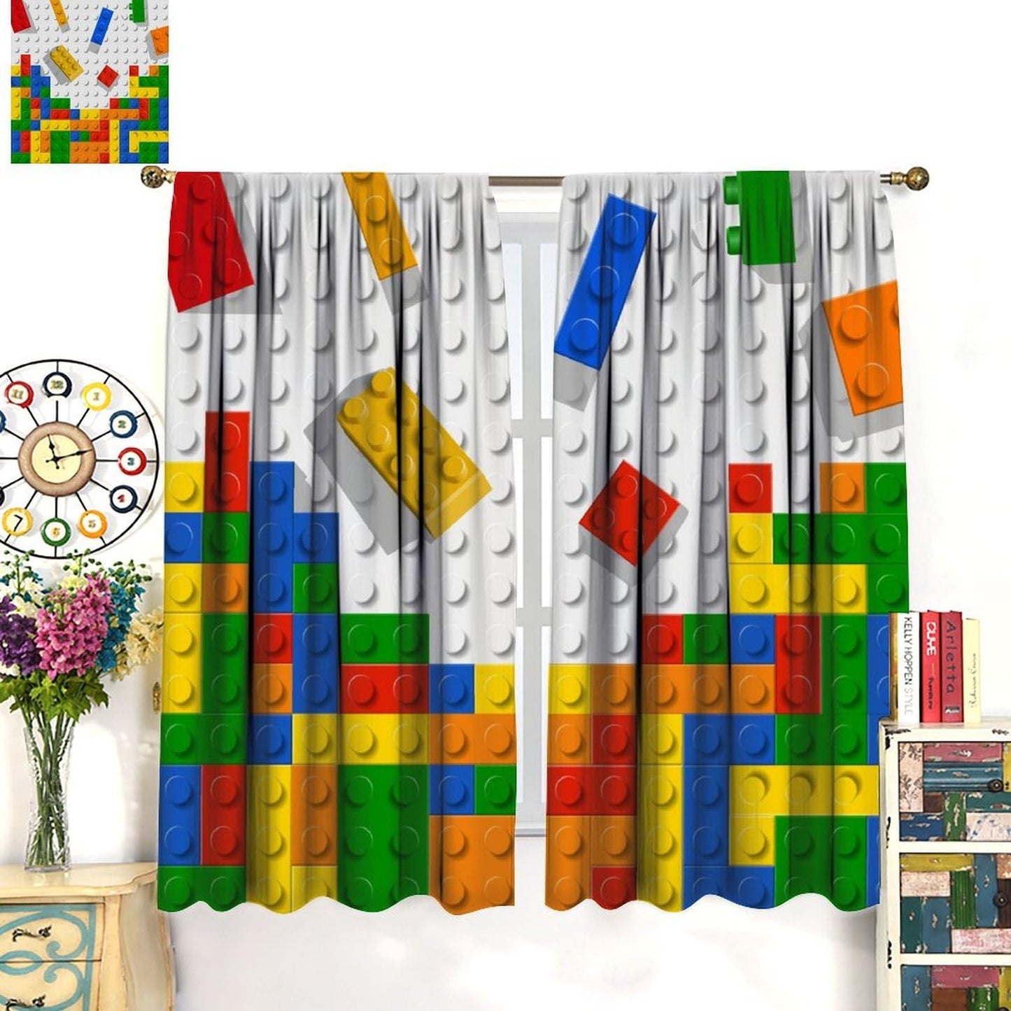 AAVEUP Building Blocks Curtains,Abstract Colorful Geometric Brick Constructor Toy Children's Puzzle Windows Treatments Rod Pocket Drapes for Nursery Baby Living Room Bedroom 42x44.5in（No Blackout）