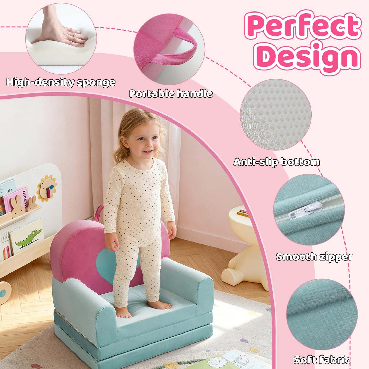 KKS KAKINNSYUU 2 in 1 Toddler Couch Kids Sofa, Fold Out Foam Couch Convertible to Lounger, Soft Plush Toddler Sofa for Playroom, Kids Furniture Gift for Birthday Childrens Day, Pink Heart