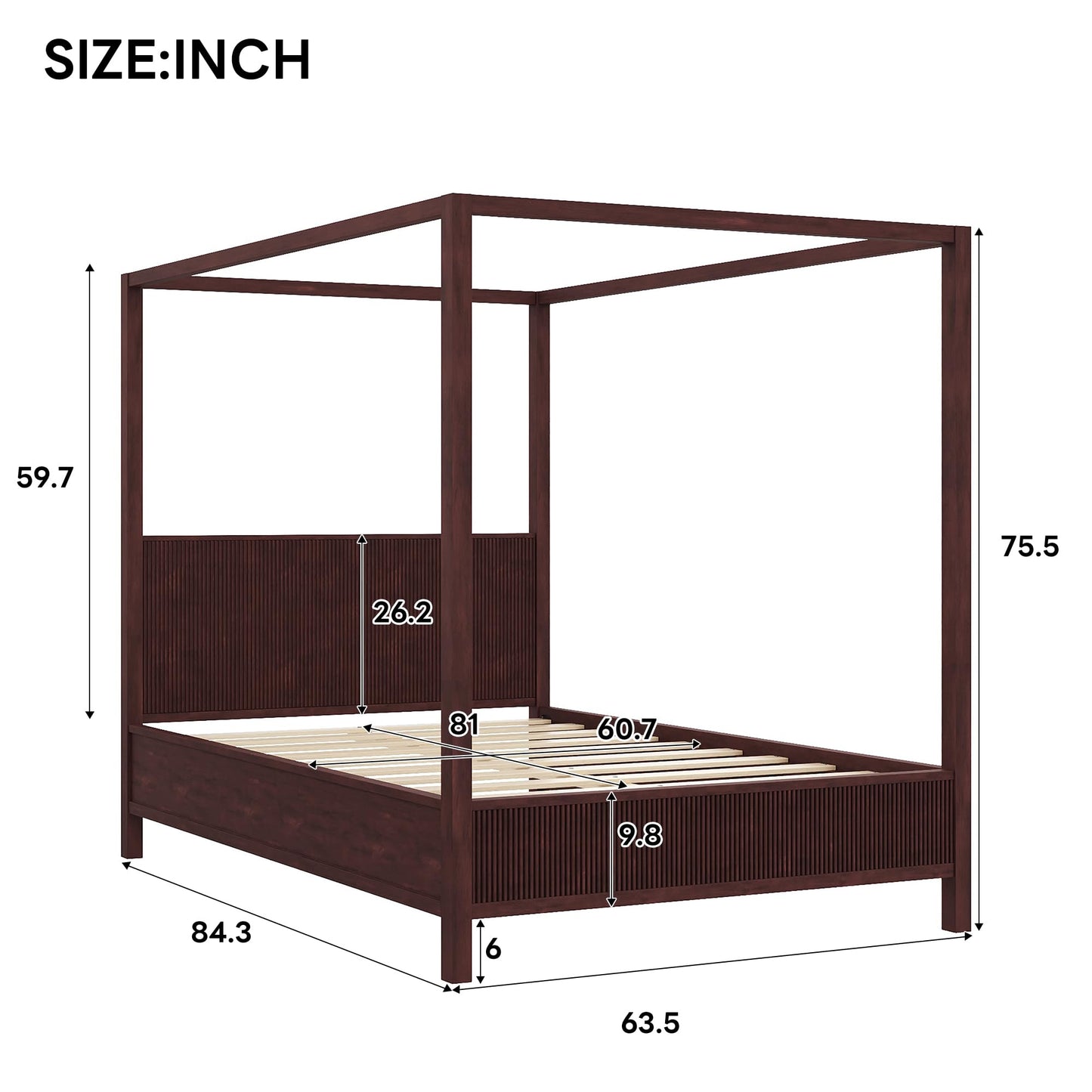 Espresso Solid Wood Canopy Bed Frame Queen Size with Headboard Four-Posters Bed, 6" Under Bed Storage Wooden Platform Frames, 12- Leg ＆ 10-Slat Support, No Box Spring Needed (Espresso, Queen, 75.5"H)