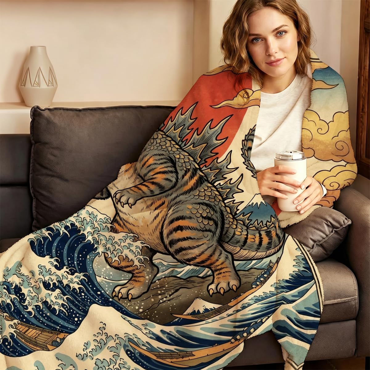 Yujiiso Retro Ukiyo-E Catzilla Blanket, Soft Flannel Fleece Throw 50" x 60"