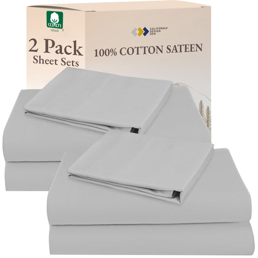 California Design Den 100% Cotton Pack of 2 Twin XL Sheet Sets, Soft & Durable Extra Long Twin Bed Sheets with 12" Pockets, Twin XL Sheets with Sateen Sheets (Light Grey)