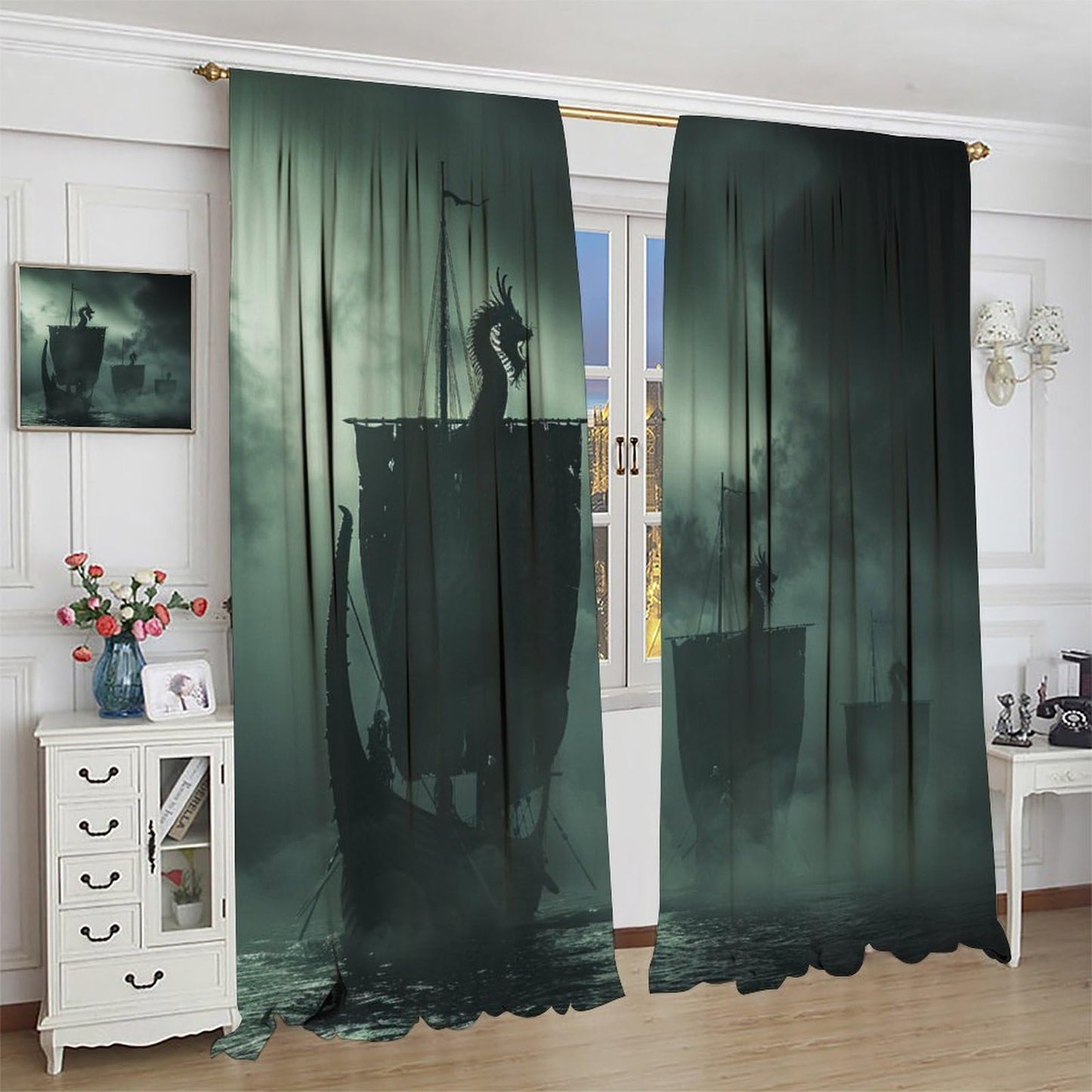 TOWINSFB Medieval Ship Sea Storm Blackout Curtains for Bedroom Living Room, Mysterious Sailboat Wave Black Sky Thermal Insulated Room Darkening Curtain- 2 Panels, Each 45" L x 21" W