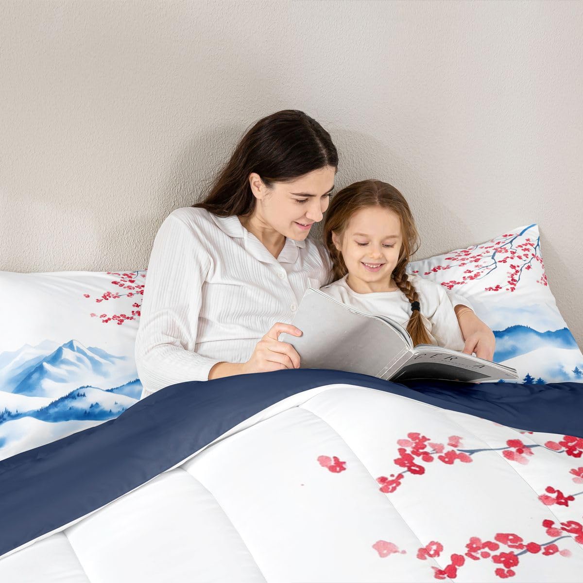 jejeloiu Japanese Wave Bedding Set Soft for Boys Girls, Cherry Blossom Comforter Set Queen Size Mountain Duvet Quilt Microfiber Japanese Style Bedroom Decor 3 Pcs with 2 Pillow Cases