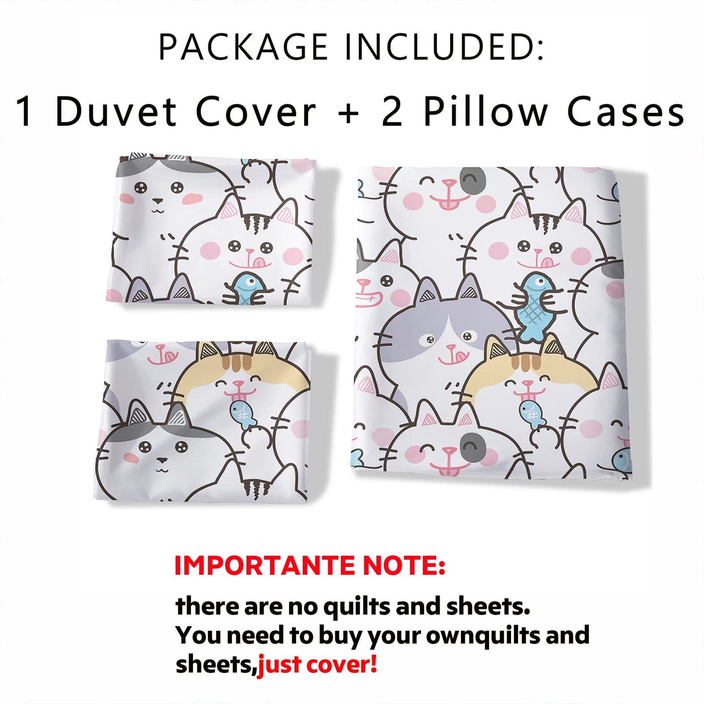 CVHOUSE Kawaii Bedding Queen Size,Kawaii Cat Bedding Set for Girls Kids Teens,Cute Cat Comforter Set Cover Soft,1 Duvet Cover 2 Pillowcases 3 Piece,Girl's Bedroom Kawaii Decor