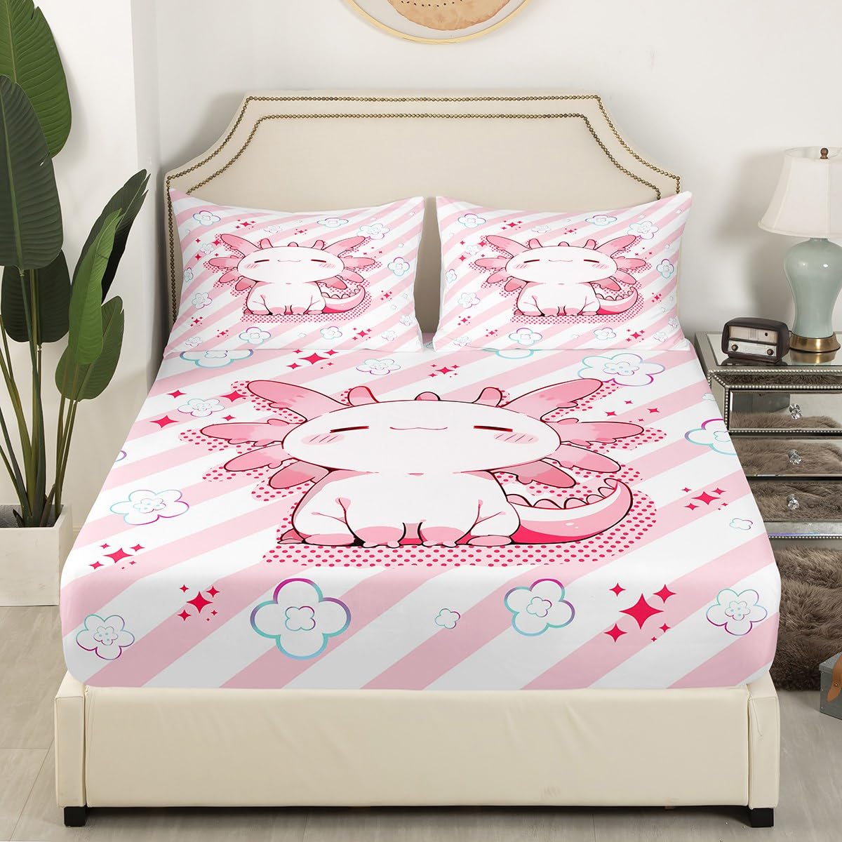 Homewish 4 Pieces Cute Axolotl Full Size Sheet Set Soft Microfiber Cartoon Salamander Fitted Flat Sheets and Pillowcases Pink Stripes Bedding Sets for Kids Teens Adults
