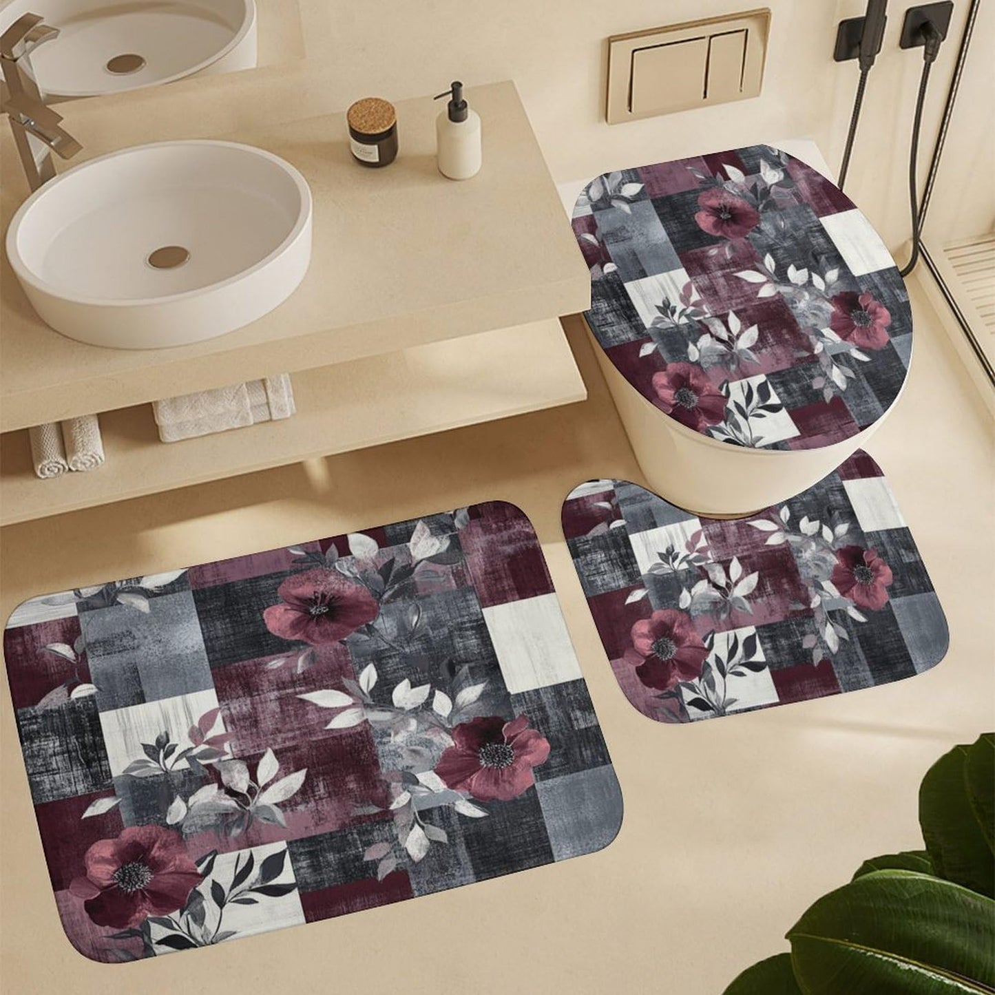 DIPQIMI 4Pcs Retro Flower Plant Shower Curtain Sets with Rugs, Toilet Lid Cover and Bath Mat, Red Grey Patchwork Bathroom Shower Curtains Set with 12 Hooks