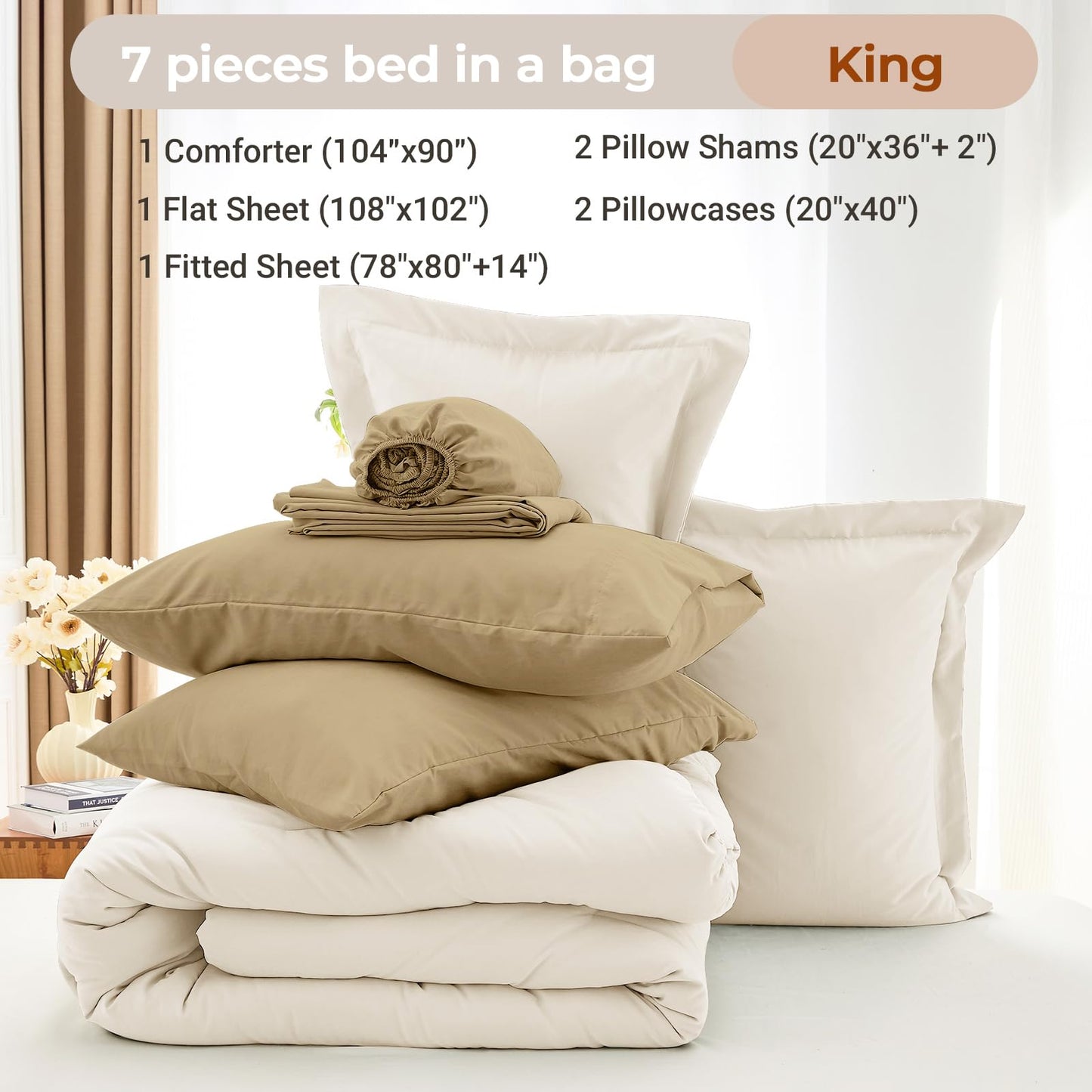 MUXHOMO 7 Pieces King Comforter Set, Soft Bed in a Bag King Size, All Season Bedding Set with Comforter, Flat Sheet, Fitted Sheet, Pillowcases & Shams, Ivory & Khaki