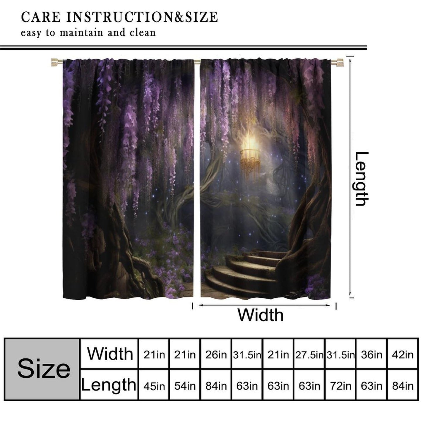 DKMQQUL Fantasy Forest Curtains, Enchanted Wonderland Purple Wisteria Flower Lanterns Nature Scenery Window Treatment for Living Room Office Bedroom Kitchen Drapes, 42x45 Inch