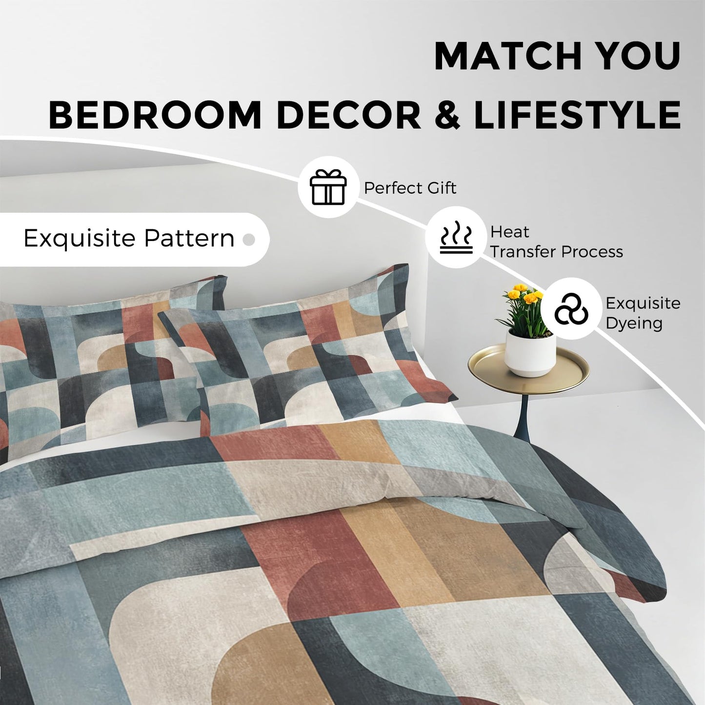 Mid Century Modern Duvet Cover Twin Size, MCM Geo Bedding Set 2 pcs with 1 Pillow Cover, Abstract Geometry Bedroom Decor, Soft Microfiber Reversible, Zipper & Ties KJJT 108