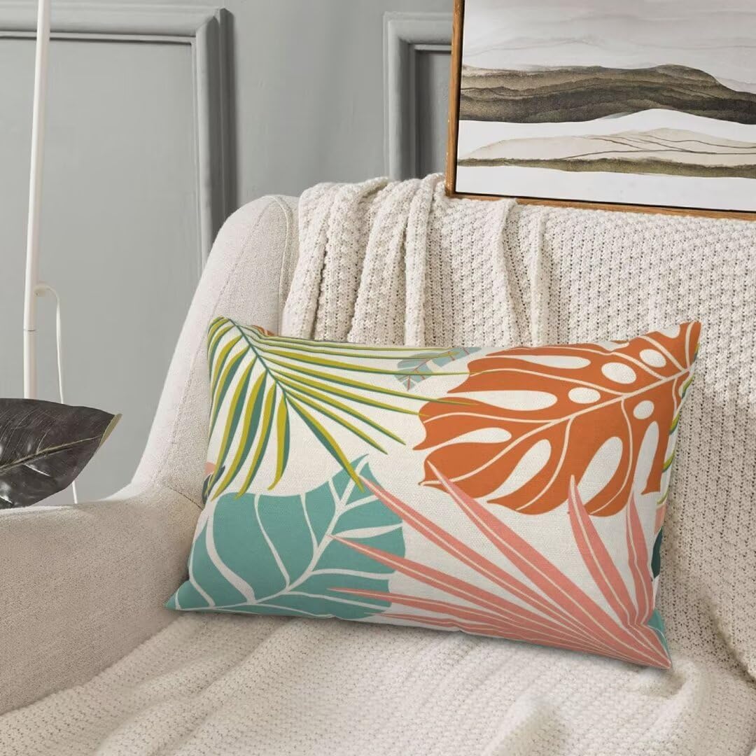 Summer Palm Leaf Pillow Covers 12x20 Set of 2, Coral Tropical Leaf Decorative Outdoor Throw Pillow Covers Green Blue Botanical Farmhouse Cushion Case Linen Square Decor for Home Couch Sofa