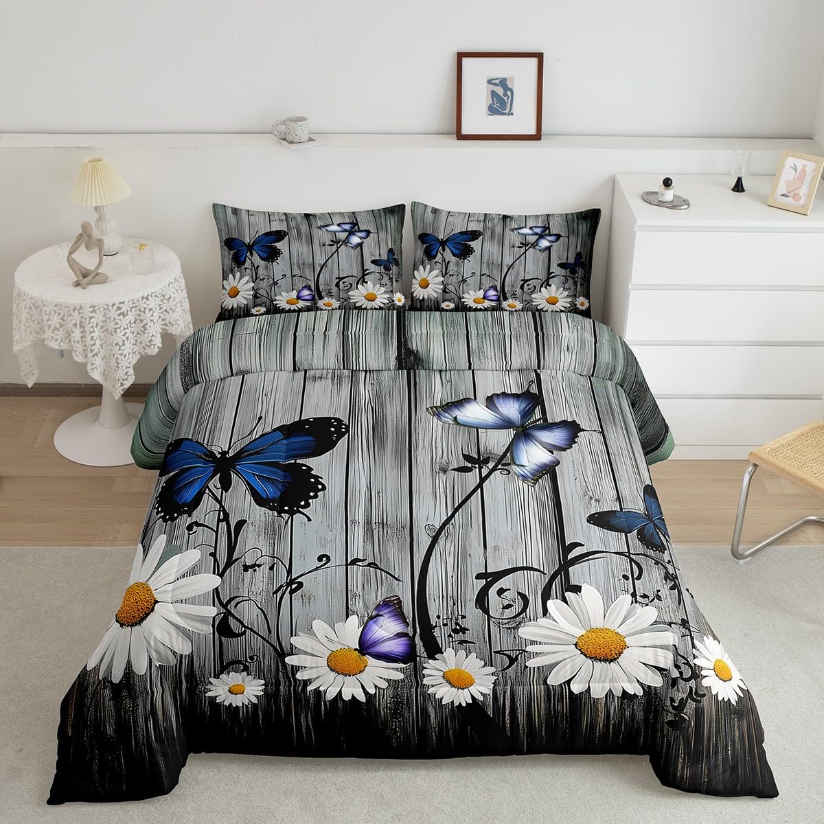 Erosebridal Daisy Comforter Set, Rustic Flower Duvet Sets for Kids Boys Teens Adult, Butterfly Wood Bedding Set Farmhouse Country Daisy Bedding Comforters 3Pcs with 2 Pillow Cases, Queen Size