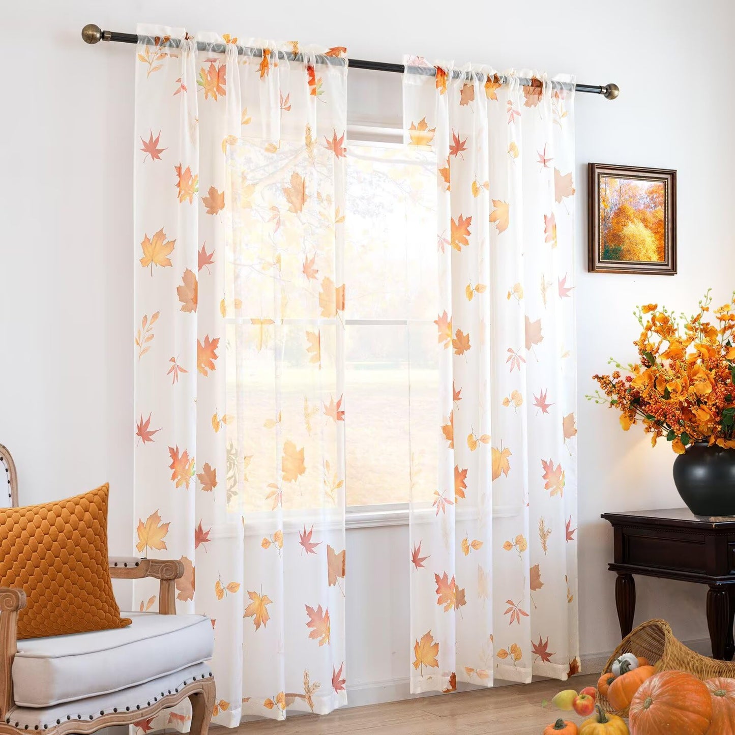 youleyar Fall Sheer Curtains for Living Room 84 Inches Long 2 Panels Orange Semi-Sheer Curtain with Maple Leaves Printed Pattern Fall Rod Pocket Voile Drapes for Bedroom, 52" W x 84" L
