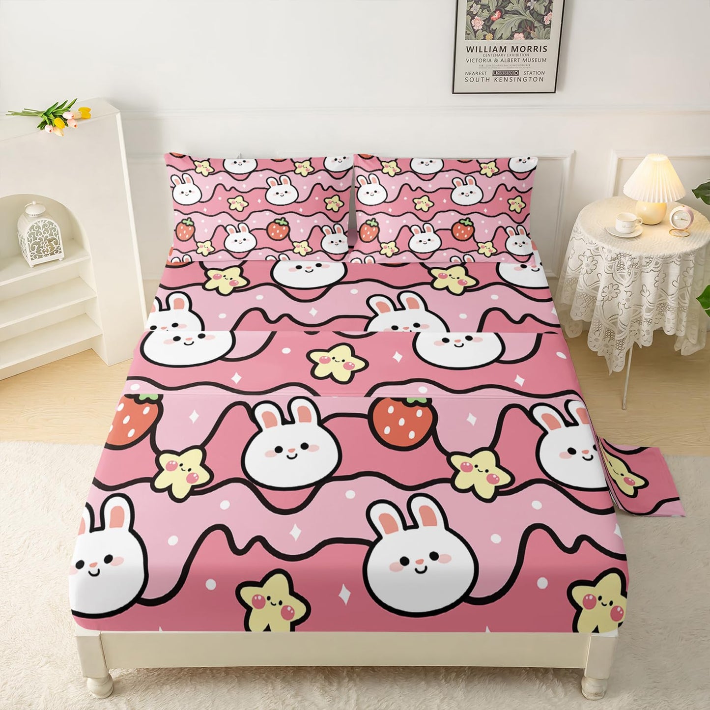 QOOMO Kawaii Rabbit Kids Sheets Twin Size,Kawaii Bunny 16" Deep Pocket Bed Sheet Set,Pink Strawberry Printed Bedroom Decor Sheet Set Soft and Breathable for Girls/Kids/Teens(Twin,Pink)