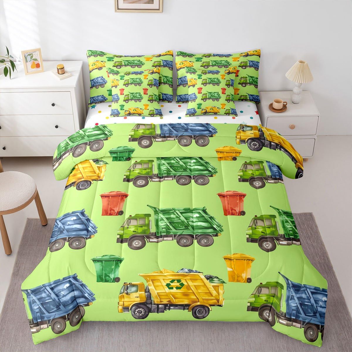 Erosebridal Boys Garbage Trucks Twin 7-Piece Bedding Set, Trash Truck Comforter Set with Sheets, Cartoon Car Bed in A Bag for Teens Men Kids Room Decor, Colourful Trash Cans Green Bed Sets