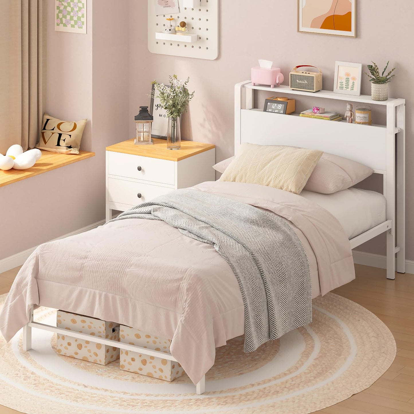 Weehom Twin Bed Frames for Kids, Twin Size Bed with 2 Tiers Wood Shelves Headboard No Box Spring Needed Easy Assembly Heavy Duty Metal Plaform, White
