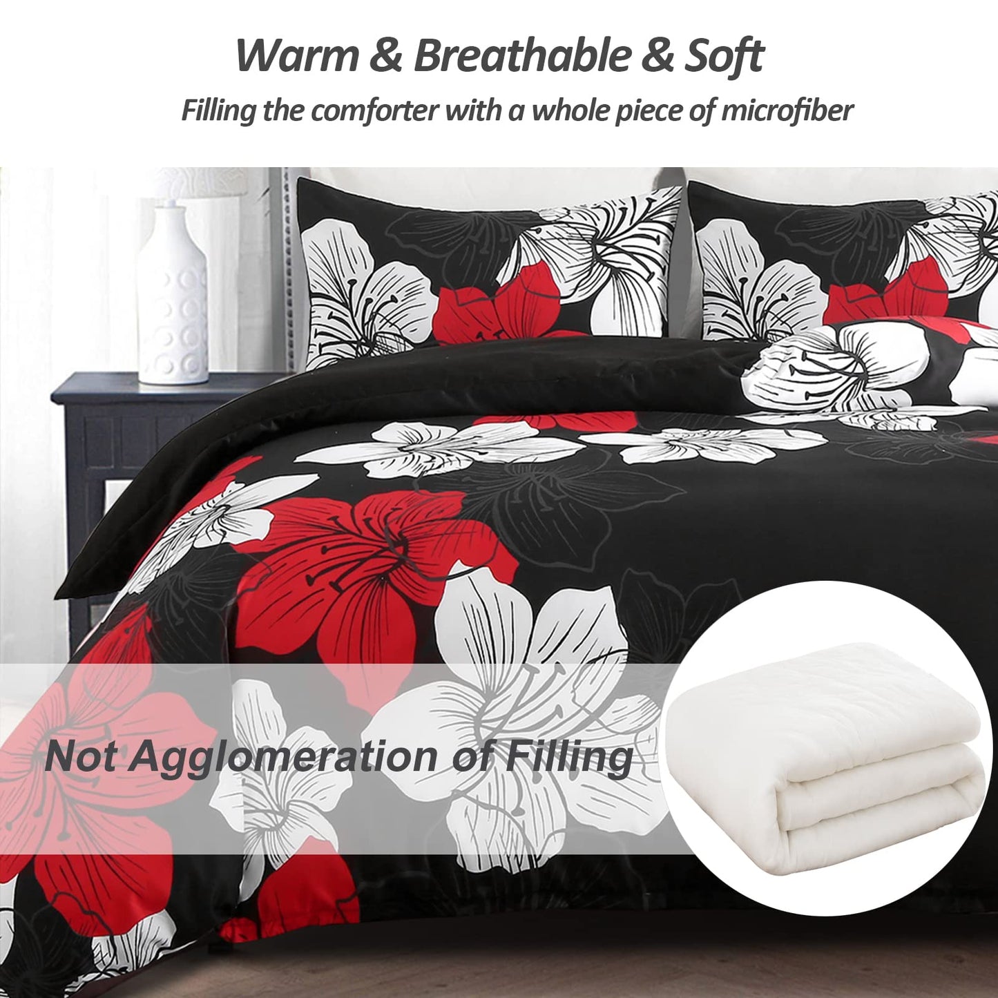 Menghomeus Black Comforter Set Queen Red and White Floral Comforter with 2 Pillowcases Modern Bedding Sets Lightweight Bed Set for All Season