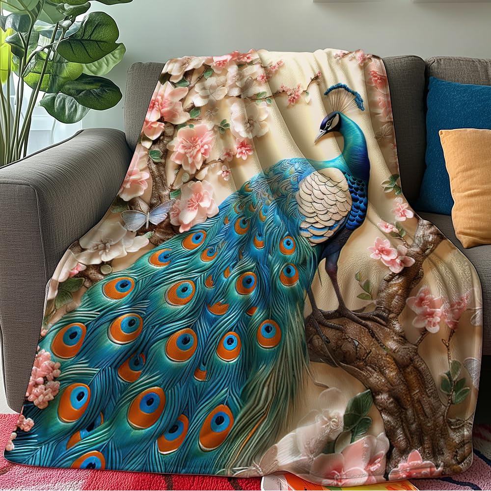 HUNXIAOJ Peacock Throw Blanket for Couch Peacock Themed Decor Animal Print Blanket King Size Soft Warm Flannel for Sofa Bed (50 in x 60 in)