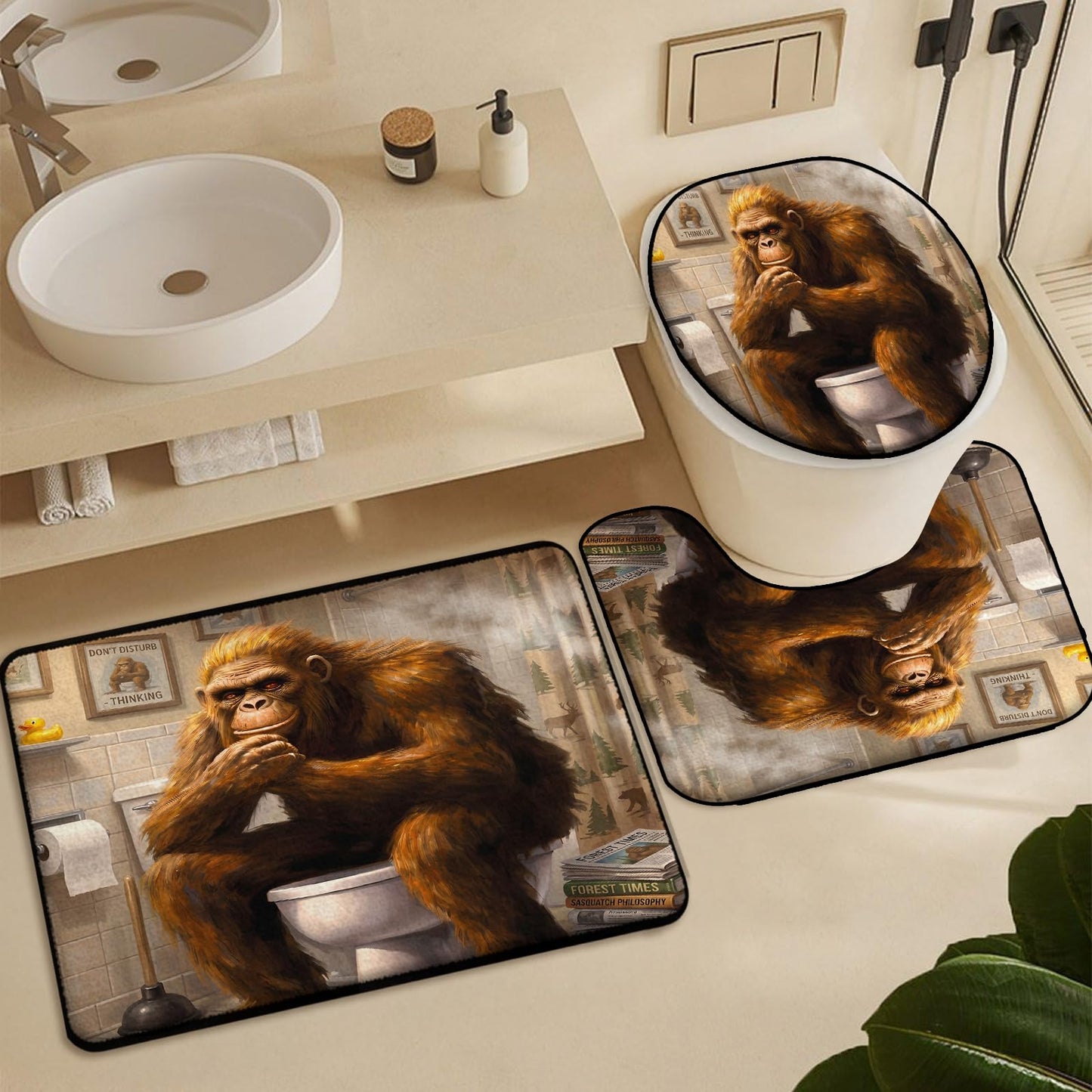 4 Piece Bigfoot Shower Curtain Sets with Non-Slip Bath Rugs, U-Shaped Mat & Toilet Lid Cover, 72x72 Inches Shower Curtain with 12 Hooks (Bigfoot Sitting On Toilet, Bigfoot Sitting On Toilet)