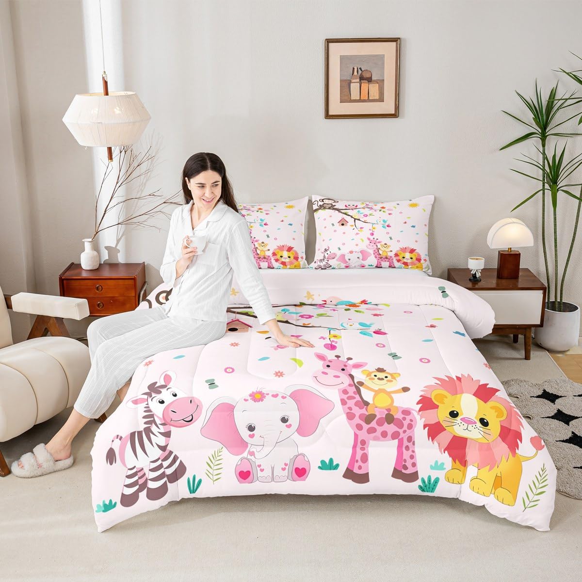 Erosebridal Pink Woodland Animal Comforter Set Twin Size Jungle Animals Bedding Set for Kids Girls BoysKawaii Lion Giraffe Comforter Cartoon Farm Wildlife Elephant Zebra Quilt Bedroom Decor