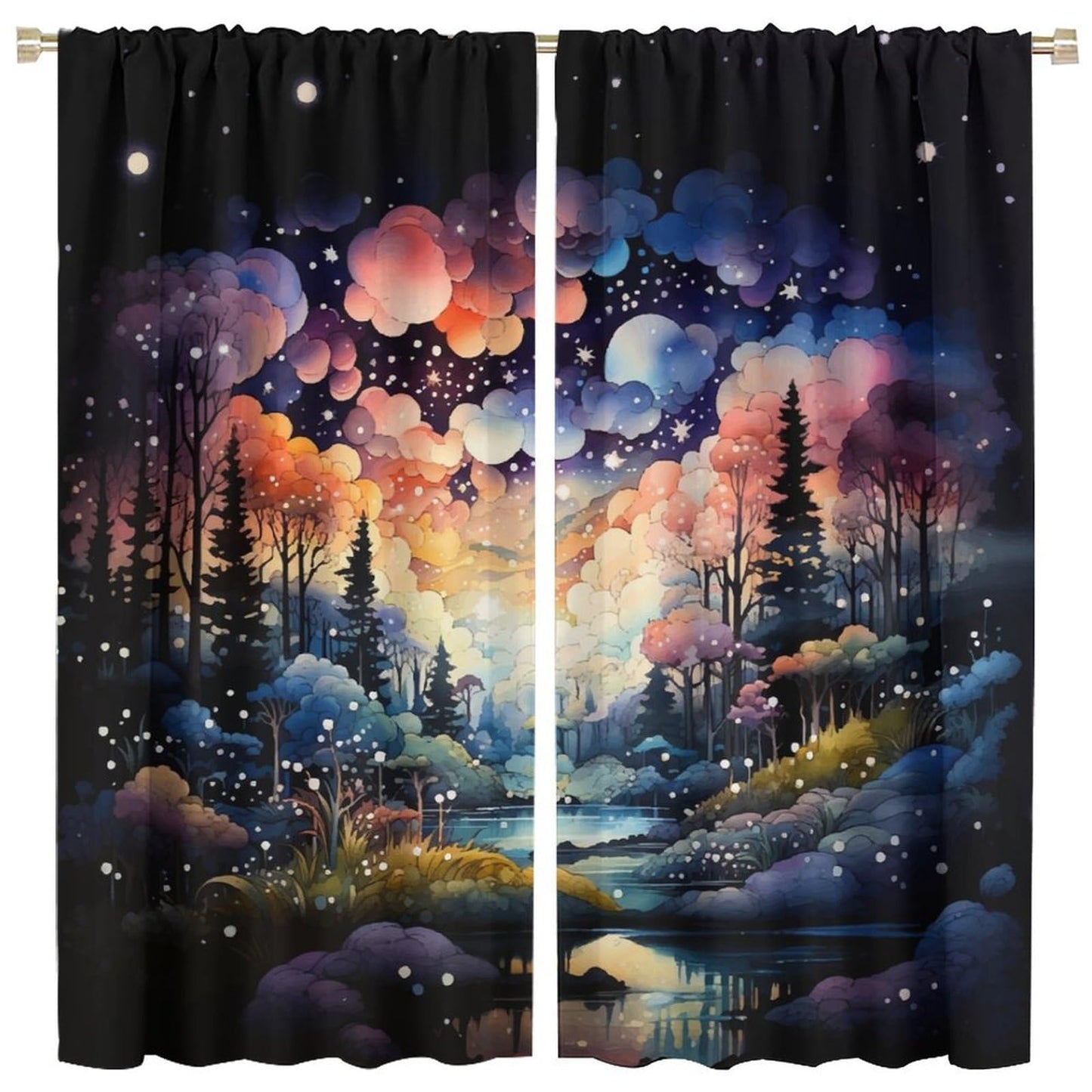 Fantasy Forest Curtains, Colorful Dreamy Mystic Fairy Tale Magic Jungle Under Starry Sky, Thermal Insulation Blackout Rod Pocket Window Treatments for Living Room Bedroom Bathroom (21x45in) x2 Panels