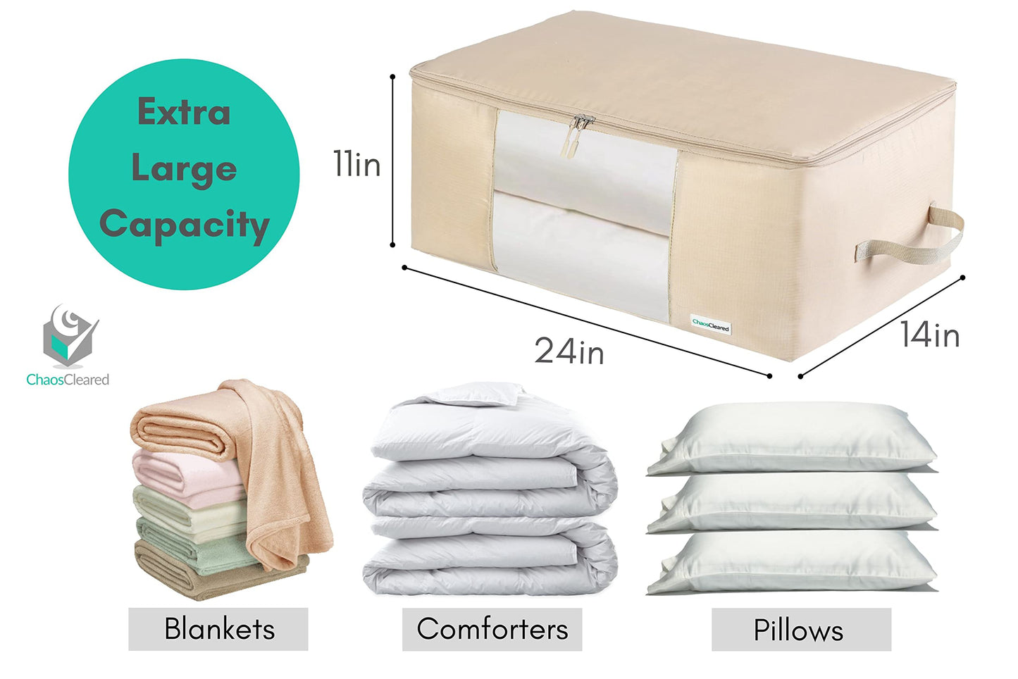 Comforter Storage Bag - Folding Organizer bag for King/Queen Comforters, Pillows, Blankets, Bedding/Quilt, Blanket, Duvet, Large Collapsible Organizers, 24"x14"x11" (Beige, 1-Pack)