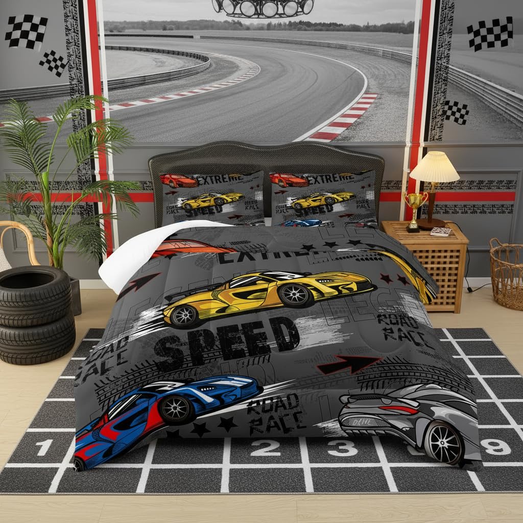 lneffble Race Car Full Comforter Set for Boys，Race Car Full Bedding Sets for Boys，Hot Wheels Cars Full Bedding Set，Theme Room Decor