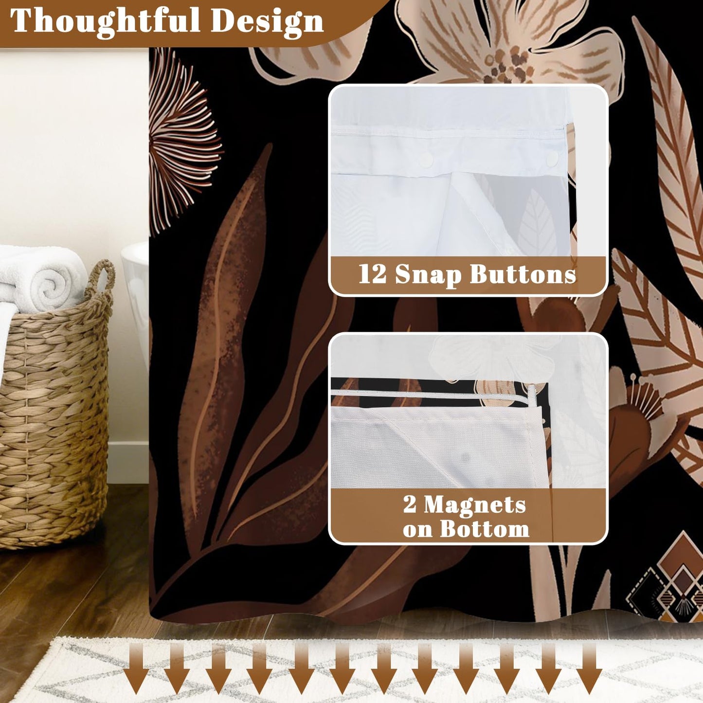 Xiazhilaio Dark Floral Shower Curtain No Hooks with Liner - 71″W x 74″L Waterproof Fabric with Mesh Top Window, Abstract Botanical Plant Leaves Pattern Bath Curtain for Boho Modern Bathroom Decor