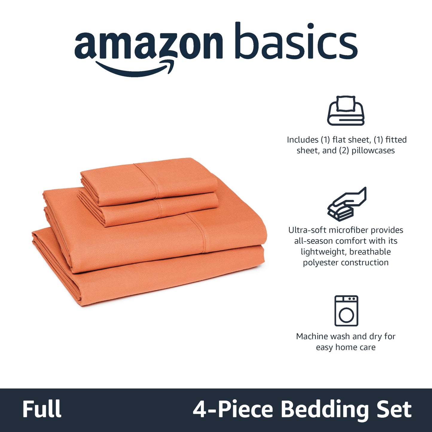 Amazon Basics Lightweight Microfiber 4-Piece Bed Sheet Set, Full, Brick, Solid