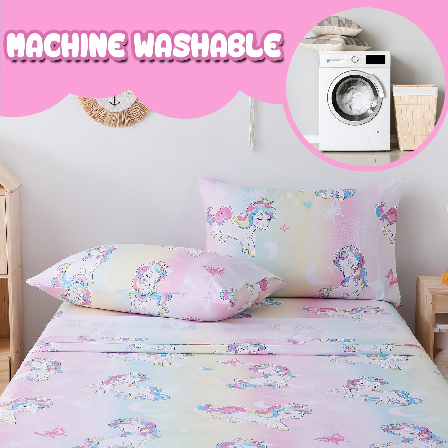 Yibeizi Twin Sheets Set Kids, Rainbow Unicorn Pattern Microfiber Single Bed Sheets, Cute Soft Oeko-Tex Extra Deep Pocket Sheets & Pillowcases Cooling Hypoallergenic Wrinkle Free Bedsheets
