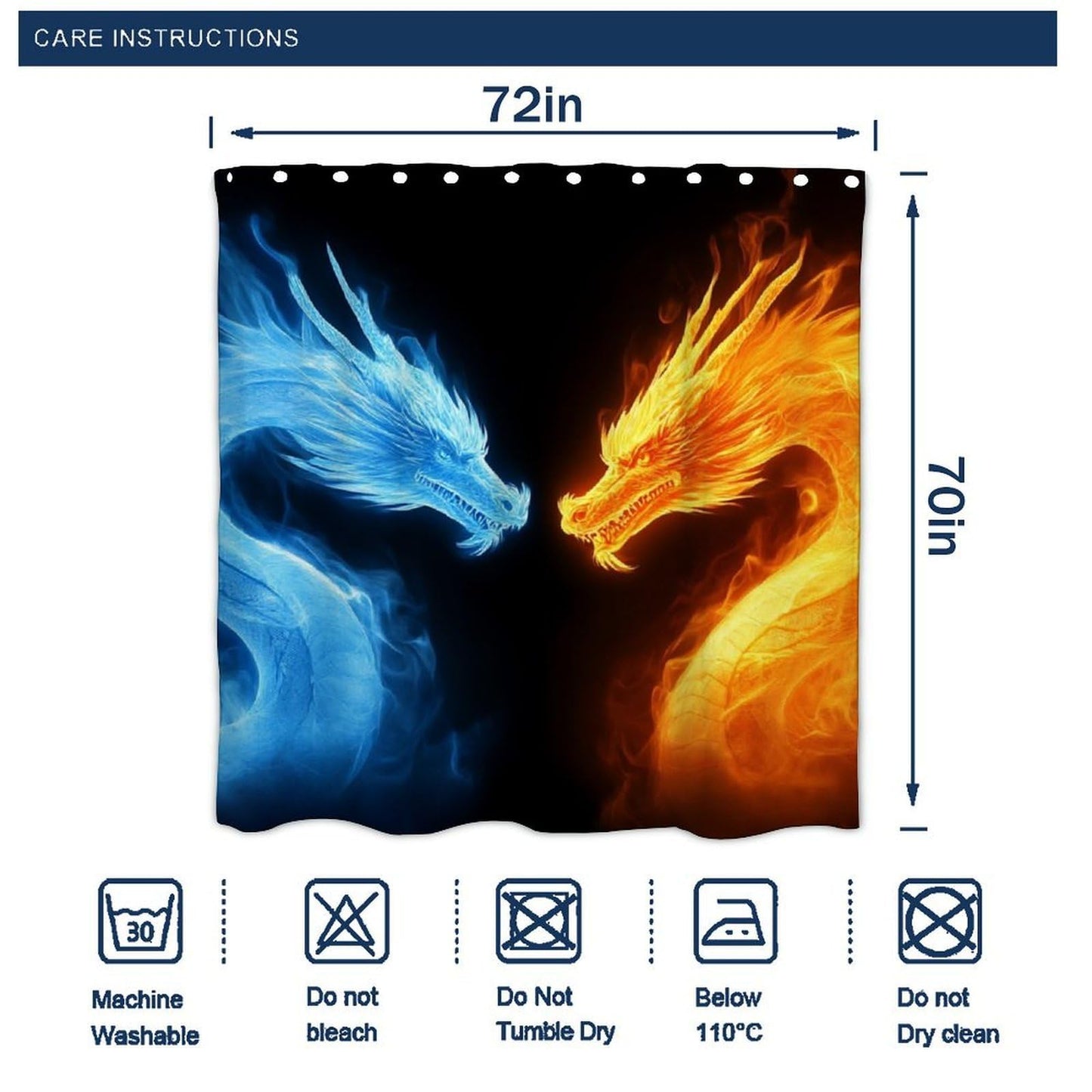 Meaudiwes Luxury Waterproof Shower Curtain Lightweight Fabric Hotel Style Bathroom Decor, 72"x 70" Ice Blue and Red Fire Flame Dragon