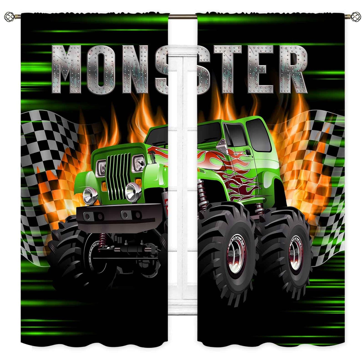 Truck Curtains for Boys Room, Burning Flame Tractor Truck Car Cool Monster Checkered Racing Flag Window Drapery Treatments for Boys Kids Bedroom Living Room Playroom Nursery 2 Panels, 42"x45" Inch