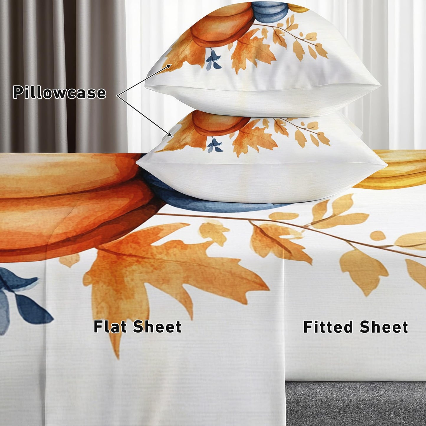 Zoainuos Pumpkin Gifts, Fall Pumpkin Maple Leaves Sheets Full Size Bed Sheet Set, Soft Microfiber Deep Pocket Wrinkle Free Bedding Sheets & Pillowcases, Thanksgiving Decor for Bedroom