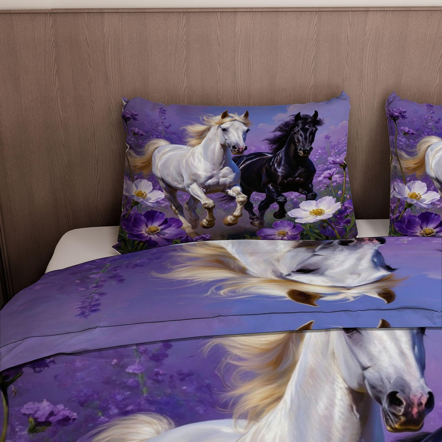 3D Horse Duvet Cover King Size 104x90in Soft Breathable Microfiber Flower Bedding Set Zipper Closure Reversible Comforter Cover 3 Pieces with 2 Pillow Shams (WJT 23-6)